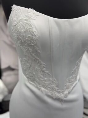 “Indigo” Strapless White Wedding Gown with Beaded Lace Appliqué